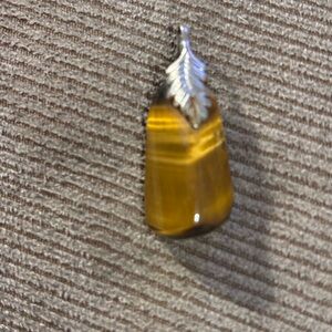 Tigers Eye Silver Leaf and Gold Stone Pendant Necklace